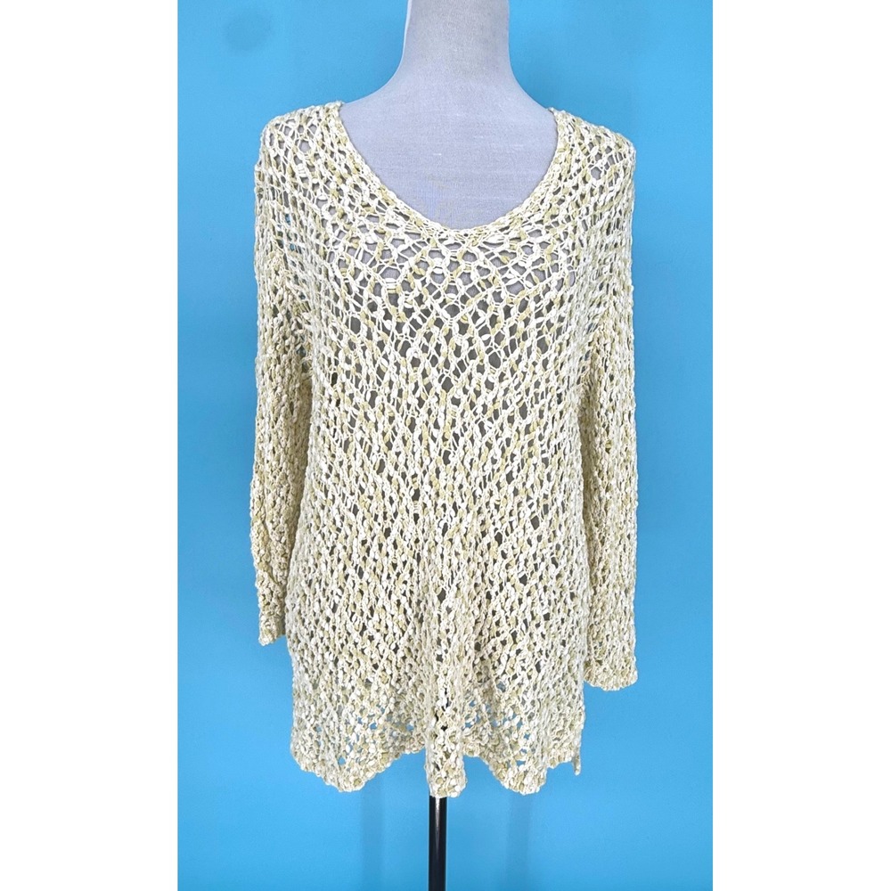 J Jill Womens Open Knit Tunic Sweater Cream‎ Lime Green Cotton V-Neck Size M